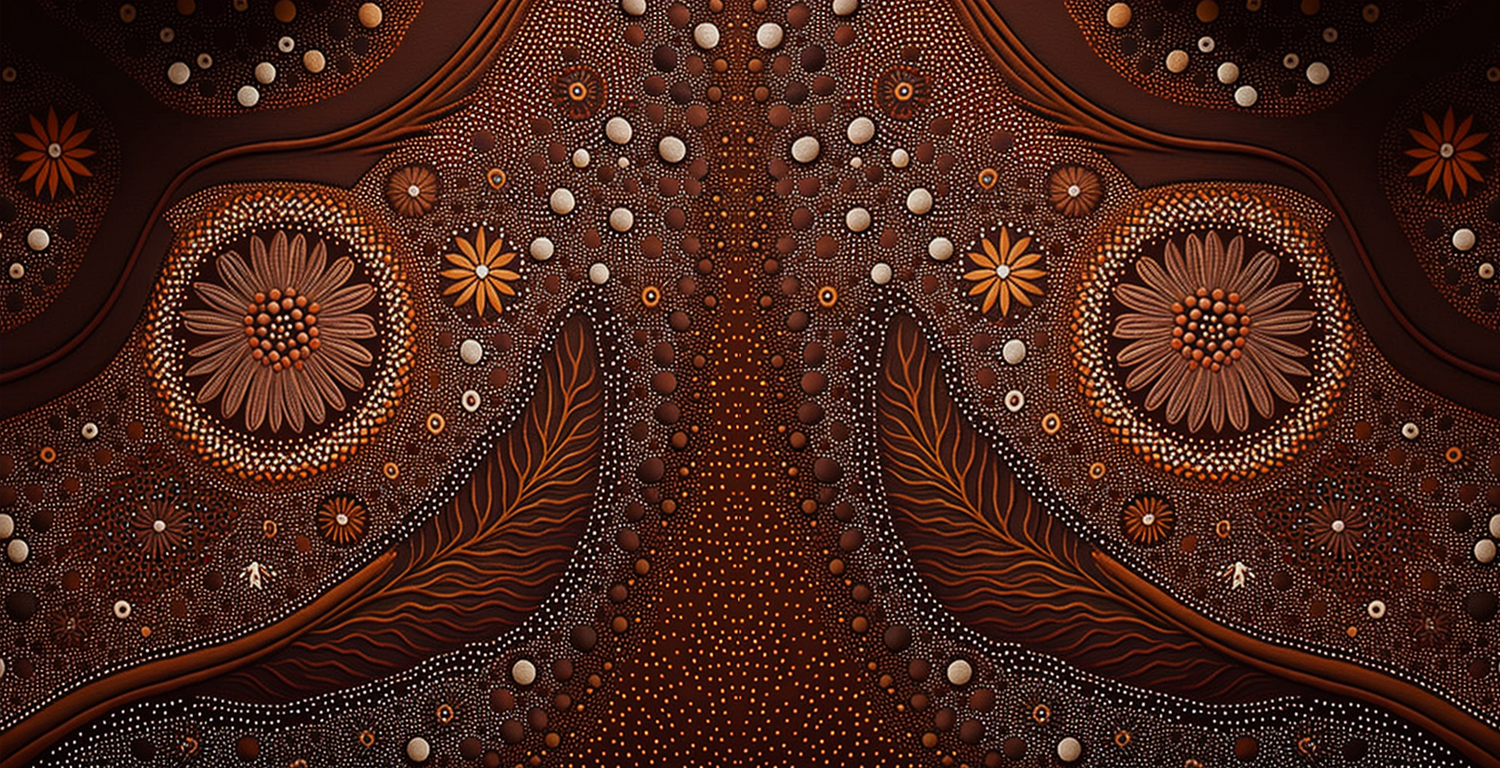 Stunning aboriginal style artwork inspired by the native flora and dessert of Australia, The colours are in brown and orange tones, similar to molten chocolate.