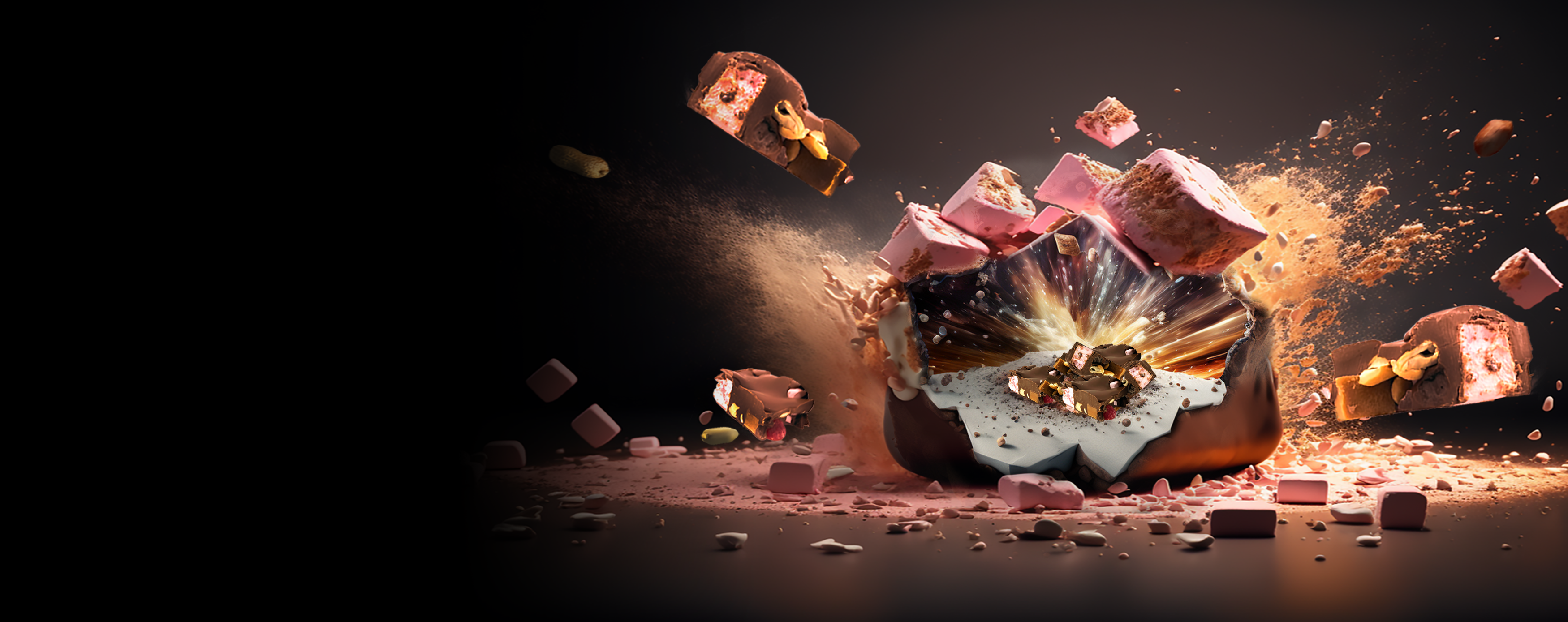 Image of rocky road exploding on the screen with peanuts, marshmallows and jellies flying out